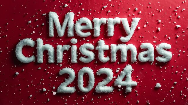 Merry Christmas 2024" text with snowing particles animation on a vibrant red background for festive greetings, holiday wishes and screen savers or Christmas intro 