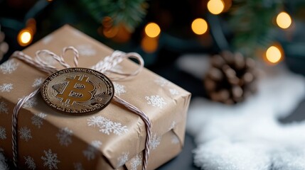 Bitcoin christmas gift surprise festive living room digital currency cozy atmosphere close-up view innovative concept