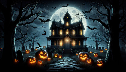 Spooky Haunted House at Night with Glowing Jack-o'-Lanterns and a Full Moon
