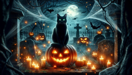 Black Cat with Glowing Green Eyes on a Pumpkin in a Misty Cemetery