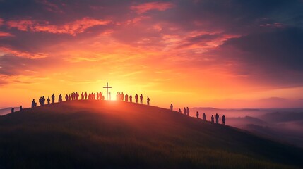 A peaceful Easter sunrise service with a congregation gathered on a grassy hill, warm golden light illuminating their faces, a cross silhouetted against the vibrant morning sky,
