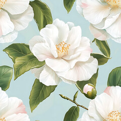 Beautiful white flowers with green leaves set against a light blue background in a floral design