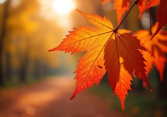 Fototapeta premium Vibrant red maple leaf against a soft autumn background in a peaceful forest