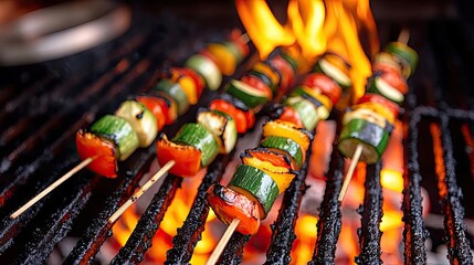 Grilled vegetable skewers with flames, colorful and appetizing on a barbecue grill.