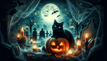 Black Cat with Glowing Green Eyes on a Pumpkin in a Misty Cemetery