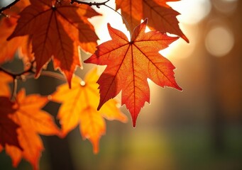 Fototapeta premium Colorful autumn leaves glowing in sunlight during a serene evening