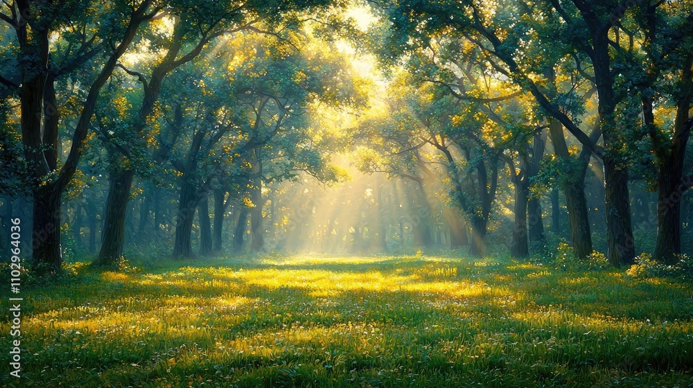 Poster sunlight filtering through a lush forest, creating a serene and peaceful atmosphere.