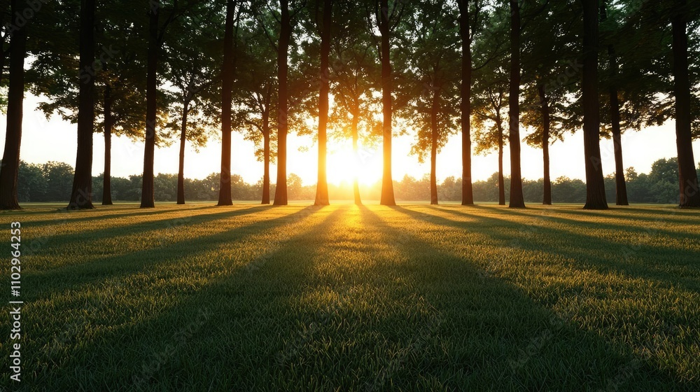 Poster sunset illuminating trees with long shadows on a grassy field.