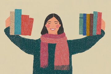 Happy woman holding books with cozy scarf: colorful reading concept