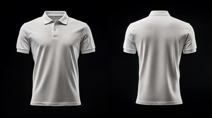 A classic white polo shirt for men, displayed on a black background, featuring both front and back views. The front of the shirt showcases its simple.