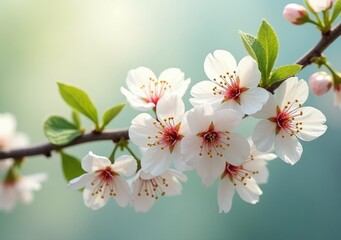 Naklejka premium Cherry blossoms blooming on a branch in springtime sunlight near a serene background