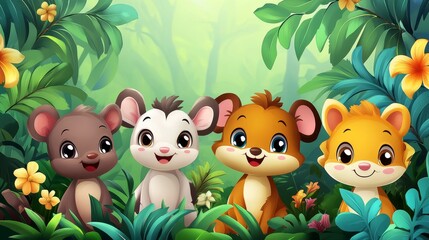 Illustration of cartoon smiling wild animals in the tropics