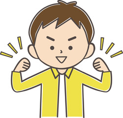 両腕を挙げてガッツポーズをする笑顔の男の子