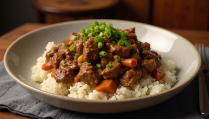 Beef stroganoff over rice topped 
