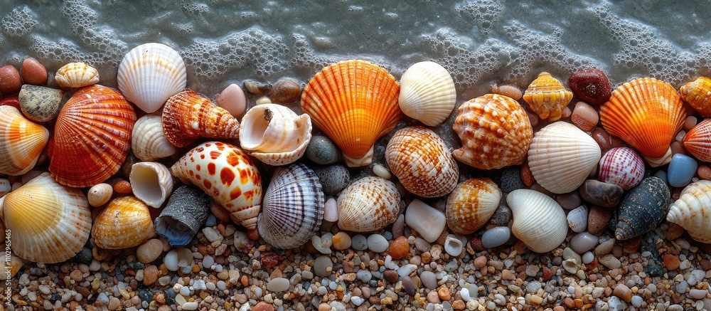 Poster seashells and pebbles arranged on a sandy beach creating a serene coastal landscape with gentle wave