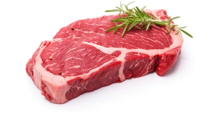 Fresh raw beef ribeye steak with marbling displayed on a clean white background garnished with a sprig of rosemary for culinary presentations