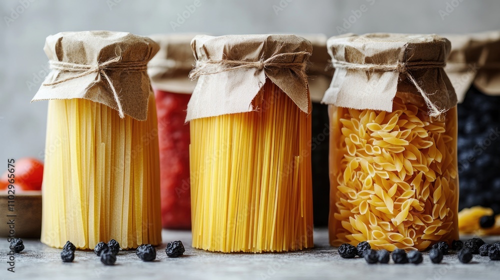 Poster pasta varieties in glass jars with paper lids displayed on a textured surface for a rustic culinary 
