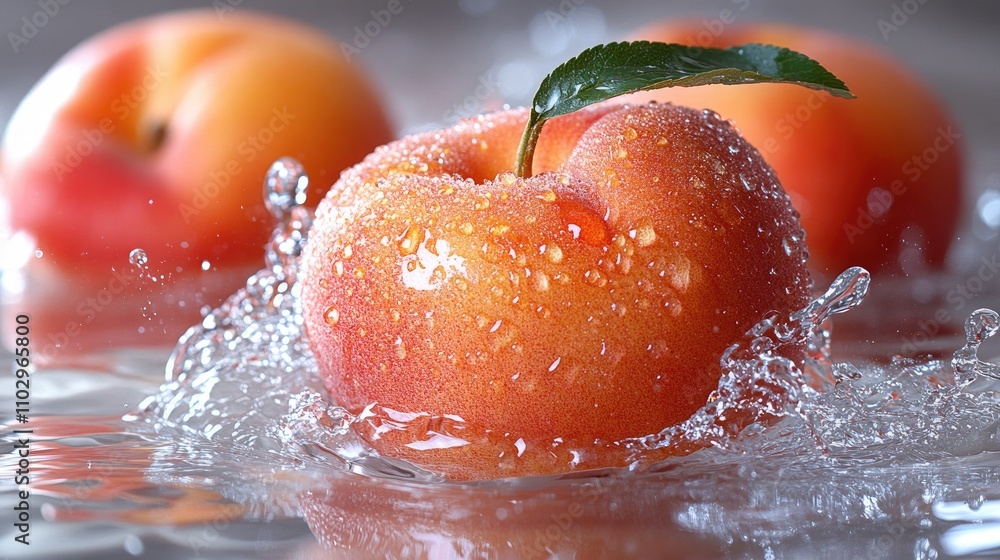 Poster fresh peaches splashing in clear water with droplets on a light background highlighted by a single g