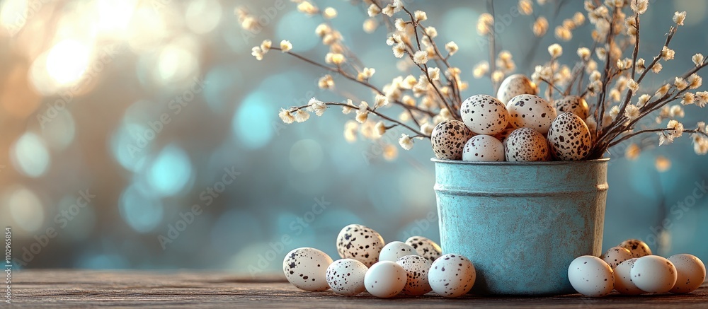 Poster quail eggs arranged in a vintage bucket with willow branches on a rustic wooden table in a serene na