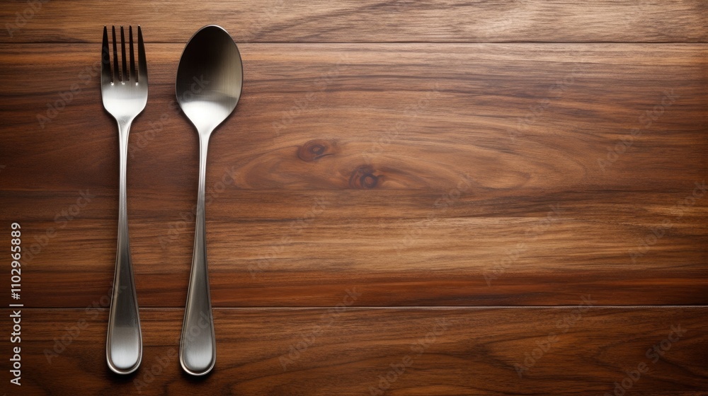 Poster Metal fork and spoon elegantly arranged on a rustic wooden surface creating a warm and inviting dining atmosphere