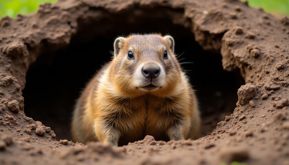Groundhog peeking out from burrow