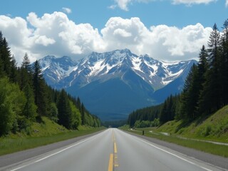 Fototapeta premium Scenic Mountain Landscape With Snow-Capped Peaks and a Clear Highway Under a Blue Sky in Summer