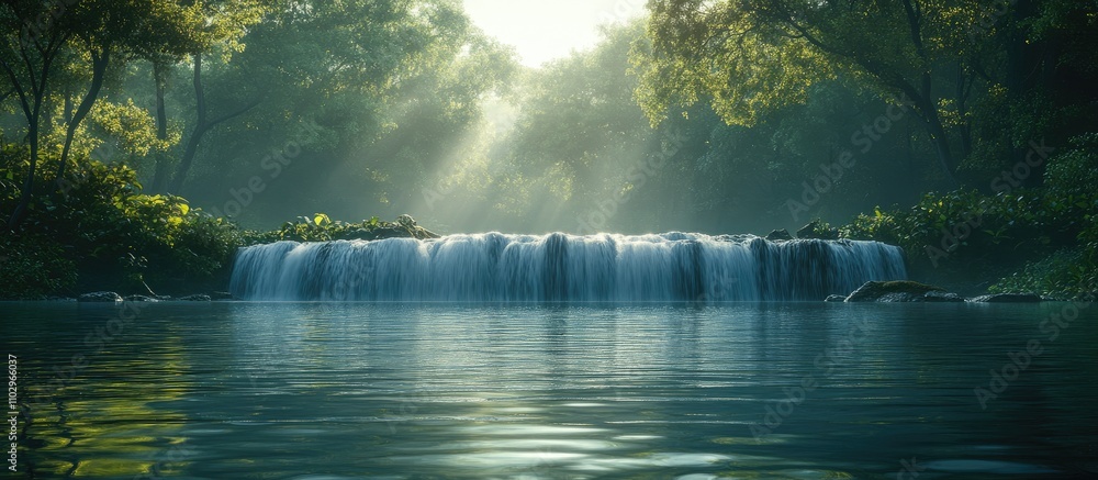 Poster serene jungle river with cascading waterfall bathed in soft sunlight creating a tranquil and peacefu