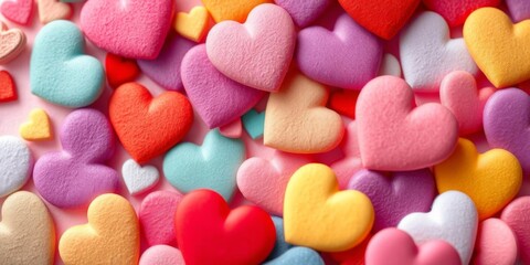 Fototapeta premium Close up of multiple hearts on pink background with focus on hearts in center, delicate, bright