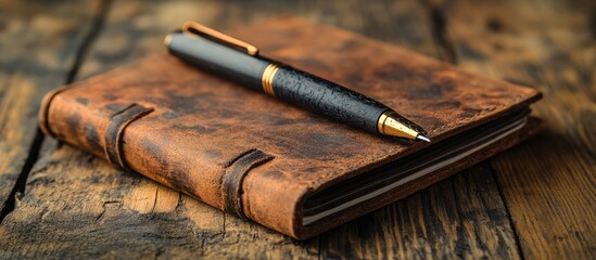 Leather notebook and pen resting on rustic wooden table surface for creative and inspirational writing concepts