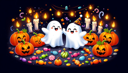 Playful Ghosts and Pumpkins Partying with Dancing and Colorful Candy