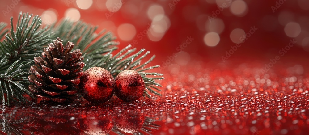 Poster festive spruce branch with pine cone and decorative balls on a shiny red surface creating a warm hol