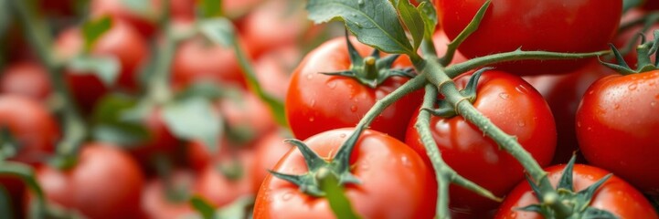 Close up of ripe red tomatoes with water drops on top and bottom, centered in frame, round, water drops