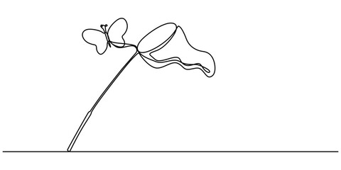 Continuous one line drawing black and white picture of insect net for children's cartoon coloring, man in a panama hat with a butterfly net behind his back is walking - one line drawing. butterfly.