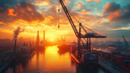 Obraz premium A massive industrial crane truck lifting a shipping container, the crane's arm extended high above a busy port, towering cargo ships in the background, vibrant sunrise reflecting off the water,