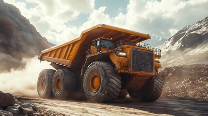 Obraz premium A massive monster truck hauler transporting oversized mining equipment, dust clouds rising from the rugged terrain, rocky hills in the background, intense sunlight casting strong shadows,