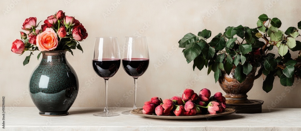 Aufkleber elegantly arranged red wine and roses on a decorated table creating a romantic and inviting atmosphe
