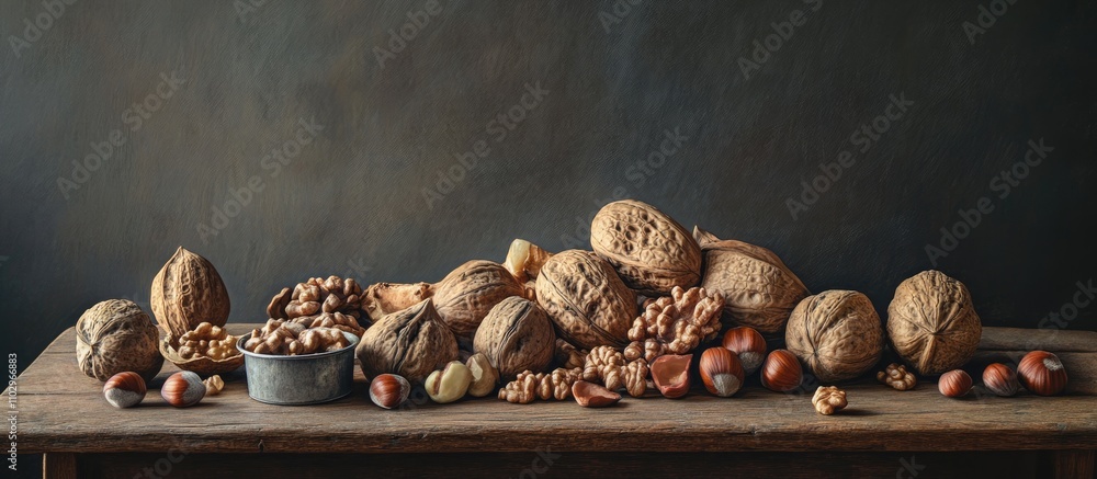 Poster assorted nuts and shells displayed on rustic wooden table with dark background ideal for culinary or