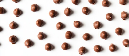 Fototapeta premium Milk chocolate candies arranged in a pattern on a white background creating an inviting and sweet dessert aesthetic