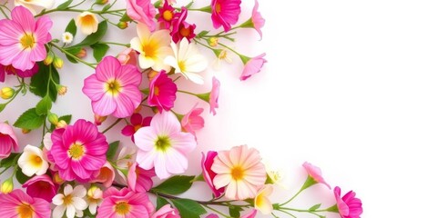 Fototapeta premium Colorful array of blossoming flowers creating a vibrant border on white background with blank space in center for text, blossoming, frame