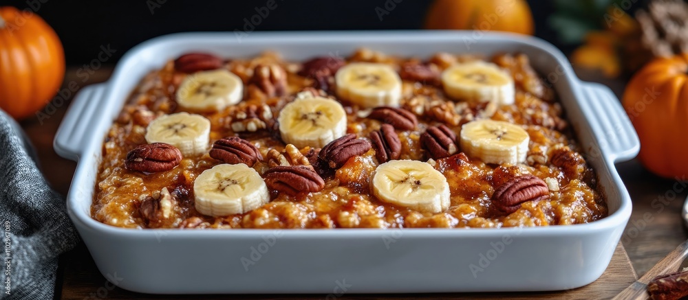 Poster nutritious baked oatmeal with pumpkin banana nuts and maple syrup topped with banana slices and peca