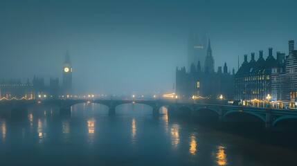 Obraz premium Foggy London Skyline at Night Featuring Big Ben and Parliament