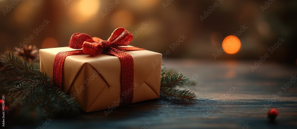 Poster gift box with red ribbon on a wooden table decorated with pine branches creating a festive atmospher