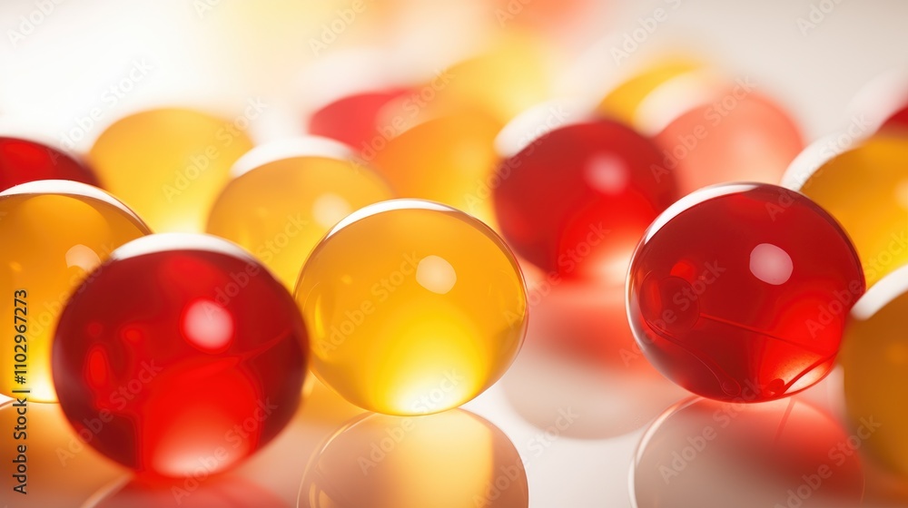 Poster Colorful rubber balls in transparent hues scattered across a vibrant yellow and red surface creating a playful and dynamic composition.
