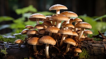 Vibrant cluster of shiitake mushrooms thriving on a mossy log in a serene forest environment showcasing nature's beauty and diversity.