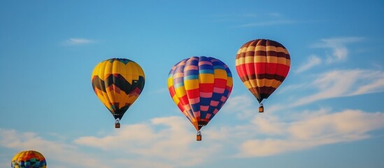 Obraz premium Colorful hot air balloons soaring in a clear blue sky during a vibrant outdoor festival scene