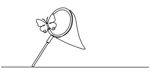 Continuous one line drawing black and white picture of insect net for children's cartoon coloring, man in a panama hat with a butterfly net behind his back is walking - one line drawing. butterfly.