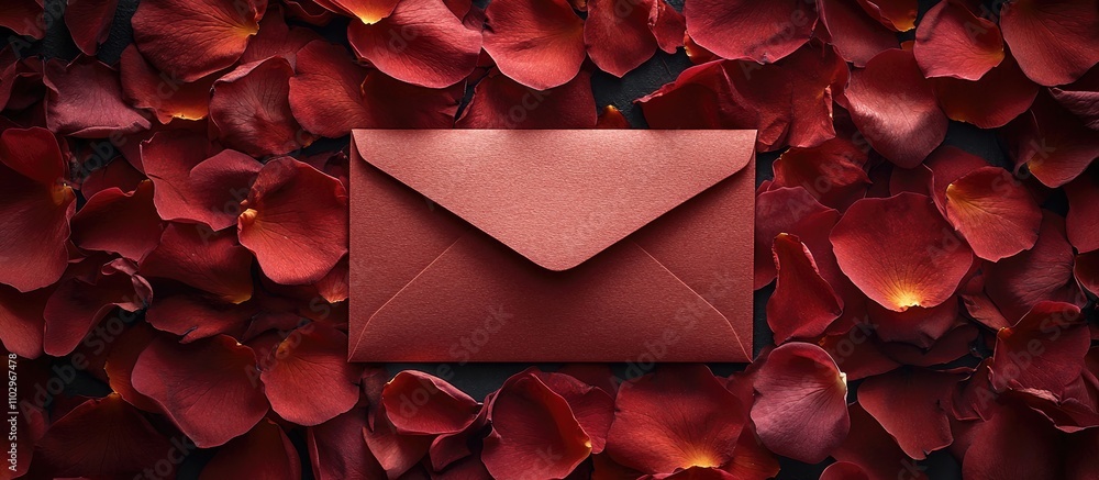 Poster red envelope on scattered rose petals creating a romantic background for love letter text with ample