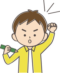 鉛筆を持ちガッツポーズをする男の子