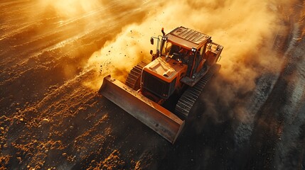 Aerial shot of a bulldozer clearing a large area, dirt flying off the blade, deep tracks left behind, bright sun overhead, detailed machinery and ground textures, cinematic angle, realistic lighting,