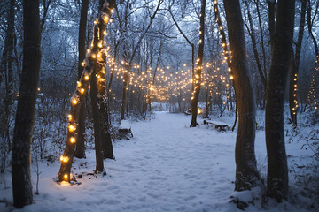 A magical snowy forest with glowing fairy lights, frosted trees, and a serene winter atmosphere, perfect for holiday and New Year themes